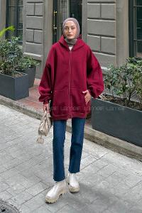 Lamelif Ön Fermuarlı Düz Sweatshirt Bordo