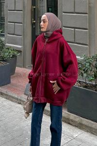 Lamelif Ön Fermuarlı Düz Sweatshirt Bordo