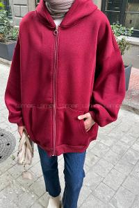 Lamelif Ön Fermuarlı Düz Sweatshirt Bordo