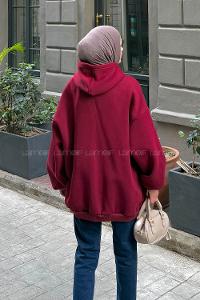 Lamelif Ön Fermuarlı Düz Sweatshirt Bordo