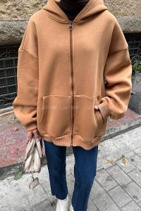 Lamelif Ön Fermuarlı Düz Sweatshirt Camel