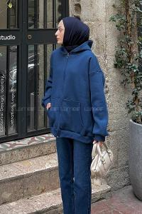 Lamelif Ön Fermuarlı Düz Sweatshirt İndigo