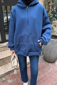 Lamelif Ön Fermuarlı Düz Sweatshirt İndigo