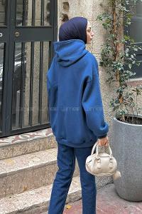 Lamelif Ön Fermuarlı Düz Sweatshirt İndigo