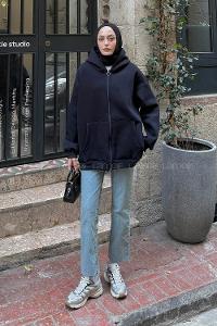 Lamelif Ön Fermuarlı Düz Sweatshirt Lacivert