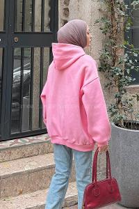 Lamelif Ön Fermuarlı Düz Sweatshirt Şeker Pembesi