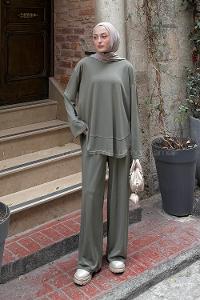 Lamelif Ön Parça Detaylı İkili Takım Haki