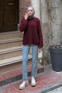 Lamelif Örgülü Kalın Kazak Bordo