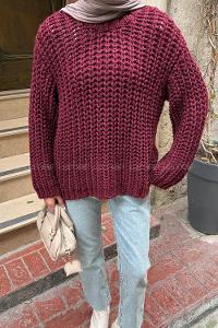 Lamelif Örgülü Kalın Kazak Bordo