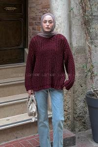 Lamelif Örgülü Kalın Kazak Bordo