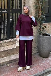 Lamelif Üçlü Tesettür Takım Bordo