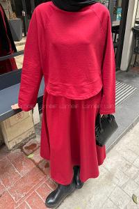 Lamelif Yarasa Kol Etekli Tesettür Takım Kırmızı