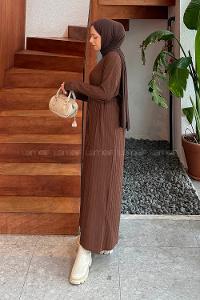 Lamelif Dikiş Detaylı Tesettür Elbise Acı Kahve