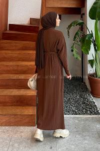 Lamelif Dikiş Detaylı Tesettür Elbise Acı Kahve