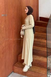 Lamelif Dikiş Detaylı Tesettür Elbise Bej