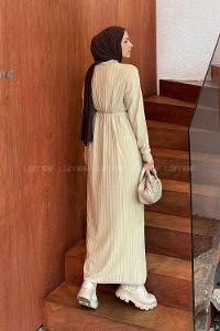 Lamelif Dikiş Detaylı Tesettür Elbise Bej