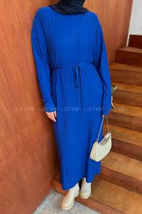 Lamelif Dikiş Detaylı Tesettür Elbise Saks Mavisi