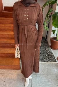 Lamelif Düğme Detaylı Desenli Elbise Acı Kahve