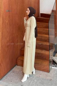 Lamelif Düğme Detaylı Desenli Elbise Bej