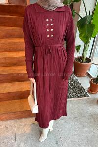 Lamelif Düğme Detaylı Desenli Elbise Bordo