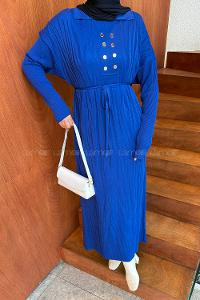 Lamelif Düğme Detaylı Desenli Elbise Saks Mavisi