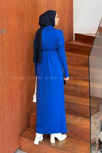 Lamelif Düğme Detaylı Desenli Elbise Saks Mavisi