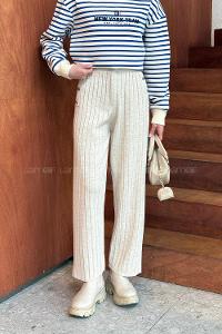 Beige Acrylic Knitwear Elastic Waist Pants