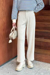 Beige Acrylic Knitwear Elastic Waist Pants