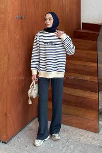 Lamelif Nakışlı Çizgili Sweatshirt Lacivert
