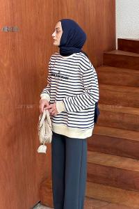 Lamelif Nakışlı Çizgili Sweatshirt Lacivert