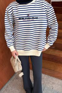 Lamelif Nakışlı Çizgili Sweatshirt Lacivert