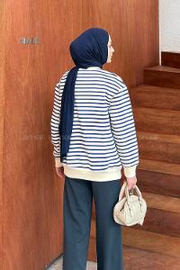 Lamelif Nakışlı Çizgili Sweatshirt Lacivert