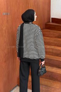 Lamelif Nakışlı Çizgili Sweatshirt Siyah