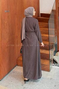 Lamelif Toka Detaylı Tesettür Elbise Kahverengi