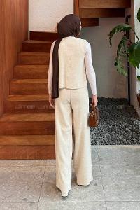 Beige V Neck Long Arm Acrylic Cotton Fabric Regular Trousers Comfortable Suit