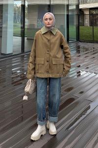 Lamelif Yaka Detaylı Parka Haki