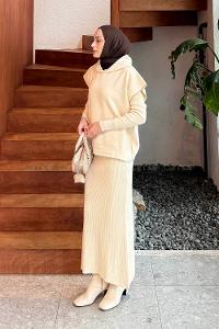 Lamelif Yelek-Jile İkili Triko Takım Bej