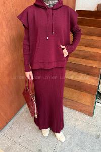 Lamelif Yelek-Jile İkili Triko Takım Bordo