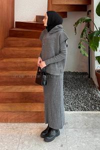 Lamelif Yelek-Jile İkili Triko Takım Gri