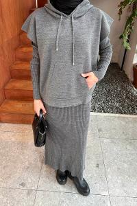 Lamelif Yelek-Jile İkili Triko Takım Gri