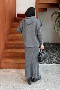 Lamelif Yelek-Jile İkili Triko Takım Gri