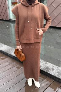 Lamelif Yelek-Jile İkili Triko Takım Kahverengi