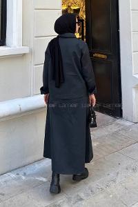 Lamelif Cep Detaylı İkili Etek  Tesettür Takım Füme