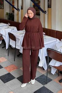 Lamelif Duble Kol Tesettür Takım Acı Kahve