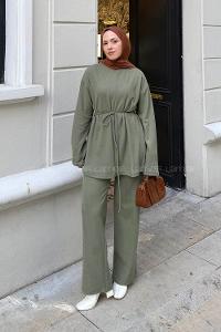 Lamelif Duble Kol Tesettür Takım Haki