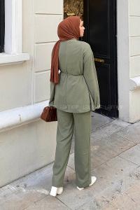 Lamelif Duble Kol Tesettür Takım Haki
