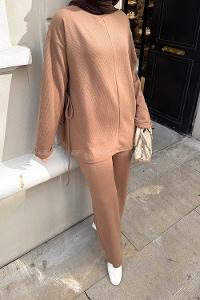 Lamelif Duble Kol Tesettür Takım Kahverengi