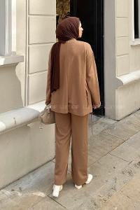 Lamelif Duble Kol Tesettür Takım Kahverengi