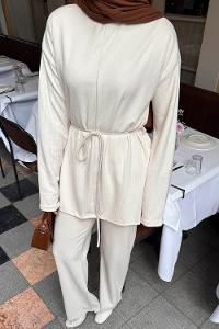 Lamelif Duble Kol Tesettür Takım Krem