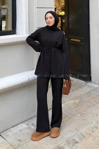 Lamelif Duble Kol Tesettür Takım Siyah